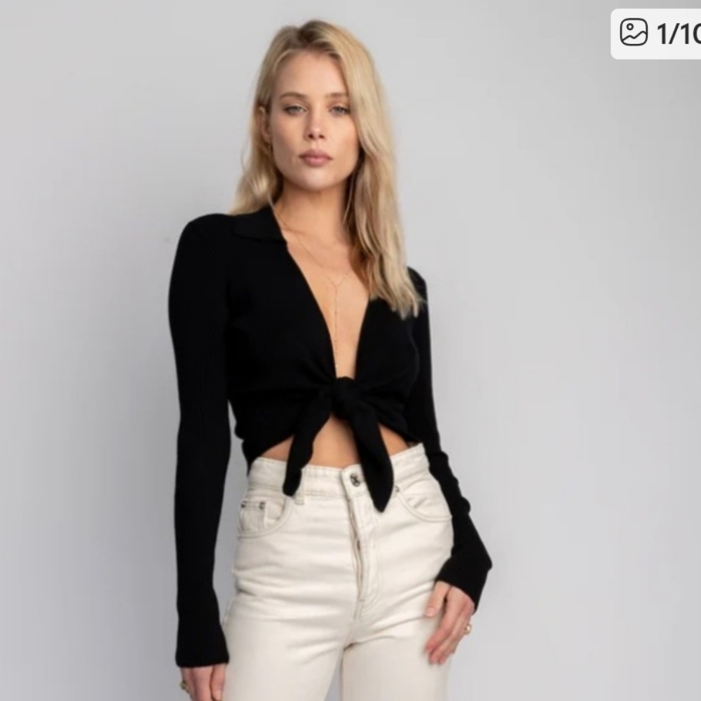 Resa Black Tie-Front Long Sleeve Top